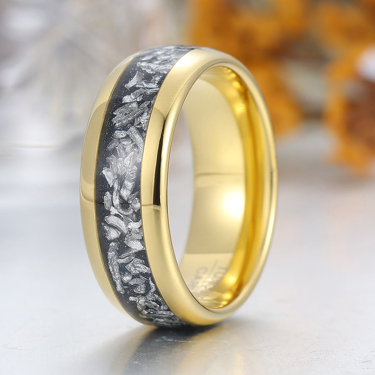 Crushed Black Meteorite Tungsten Comfort Fit Ring Yellow Gold Polished Dome Men's Ring