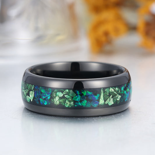 Green Emerald Peacock Green Opal Inlay Mens Tungsten Ring 8mm Black Unisex Ring Wedding Band