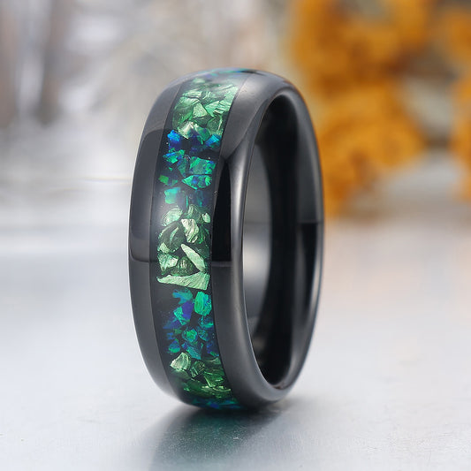 Green Emerald Peacock Green Opal Inlay Mens Tungsten Ring 8mm Black Unisex Ring Wedding Band