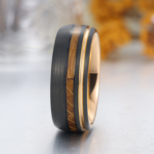 Promise Wooden Tungsten Men's Ring Black And Rose Gold Plated Tungten Wedding Band