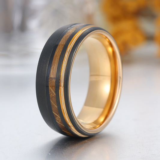Promise Wooden Tungsten Men's Ring Black And Rose Gold Plated Tungten Wedding Band