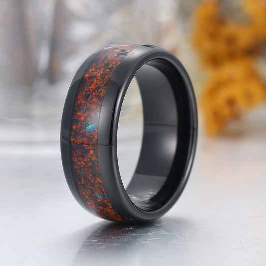 8mm Crushed Red Opal Tungsten Band Black Polished Dome Men's Tungsten Ring