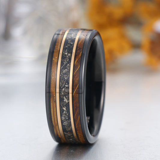 8mm Black Meteorite Wooden Tungsten Ring Black Polished Dome Men's Promise Ring