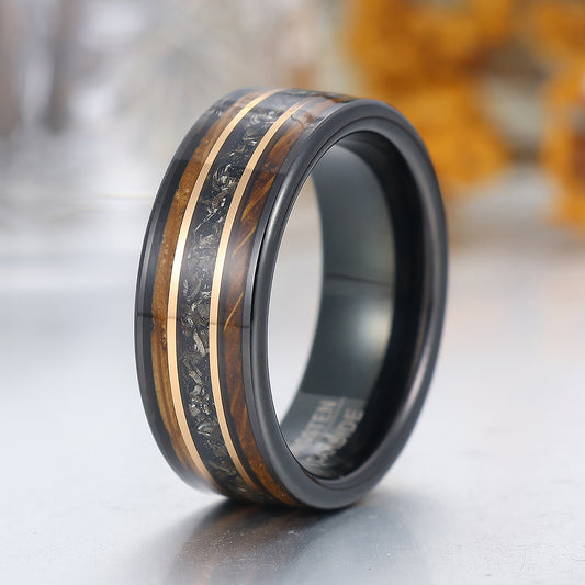 8mm Black Meteorite Wooden Tungsten Ring Black Polished Dome Men's Promise Ring