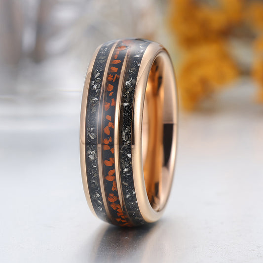 Black Meteorite Crushed Red Stone Tungsten Ring Rose Gold Polished Dome Men's Tungsten Band