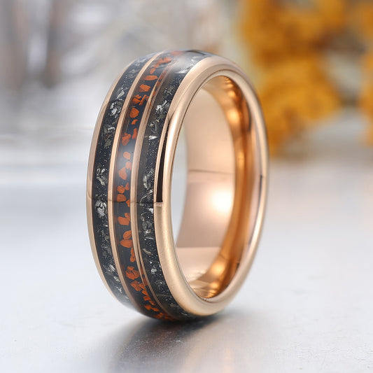 Black Meteorite Crushed Red Stone Tungsten Ring Rose Gold Polished Dome Men's Tungsten Band