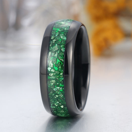 Green Emerald Tungsten Carbide Ring Polished Dome Black Men's Wedding Band 8mm Green Ring