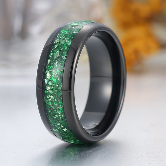 Green Emerald Tungsten Carbide Ring Polished Dome Black Men's Wedding Band 8mm Green Ring