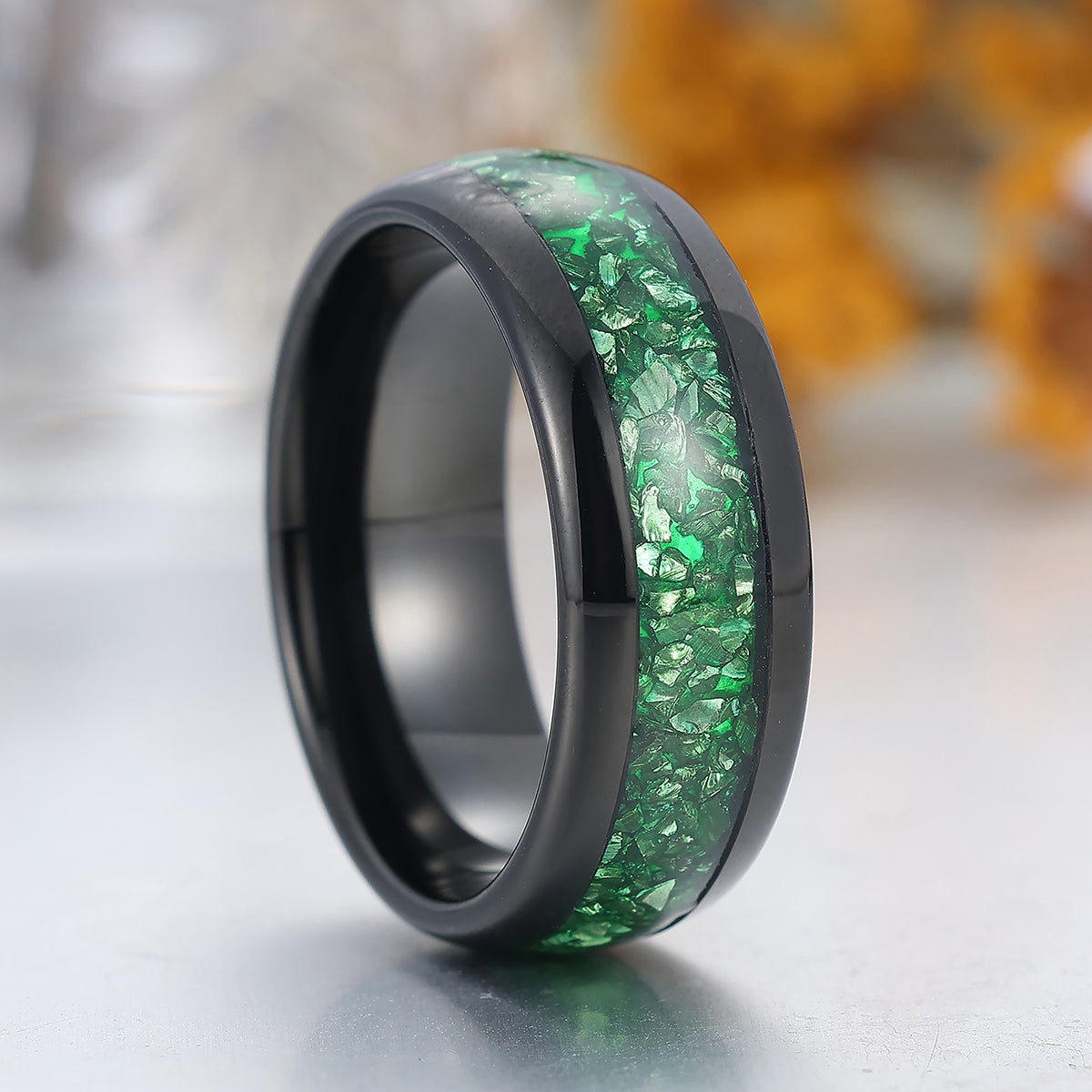 Green Emerald Tungsten Carbide Ring Polished Dome Black Men's Wedding Band 8mm Green Ring