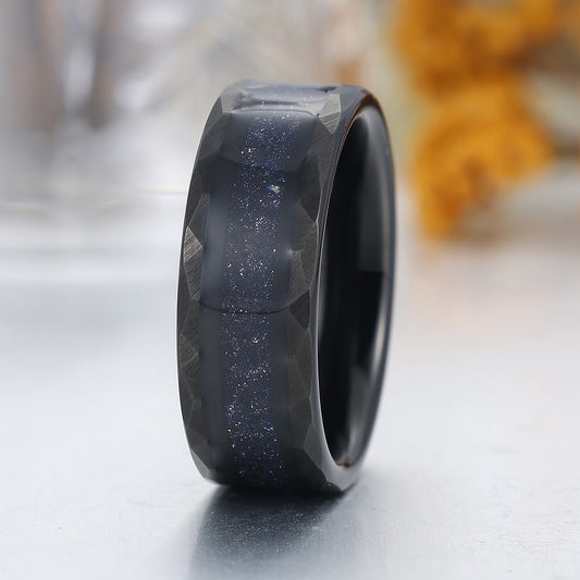 Galaxy Blue Sandstone Mens Tungsten Ring 8mm Starry Black Hammered Wedding Band