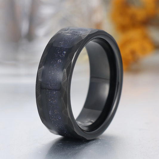 Galaxy Blue Sandstone Mens Tungsten Ring 8mm Starry Black Hammered Wedding Band