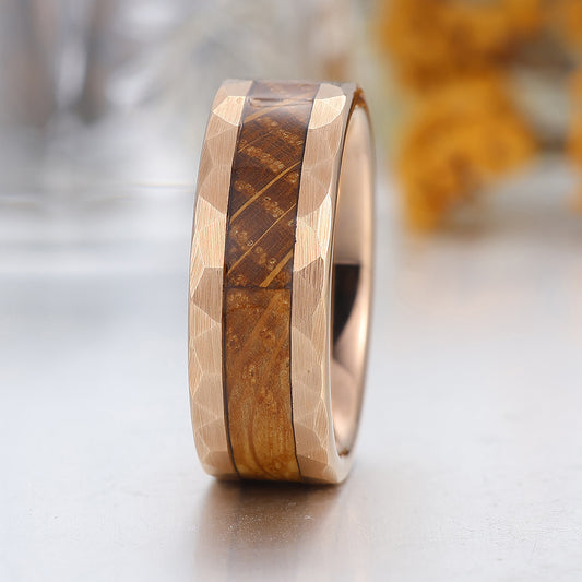 Personalized Wood Inlay Mens Tungsten Wedding Band Rose Gold Wooden Anniversary Unisex Ring