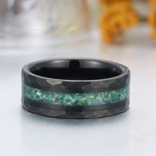 Crushed Moss Agate Tungsten Carbide Wedding Band Men's Green Hammered Black Ring