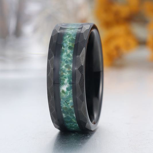 Crushed Moss Agate Tungsten Carbide Wedding Band Men's Green Hammered Black Ring