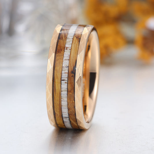 Tactile Wood Strips Tungsten Wedding Band Mens Wooden Promise Ring Hammered Rose Gold Ring