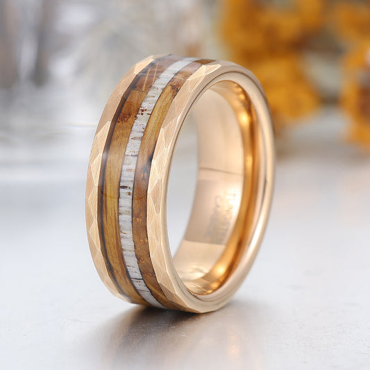 Tactile Wood Strips Tungsten Wedding Band Mens Wooden Promise Ring Hammered Rose Gold Ring