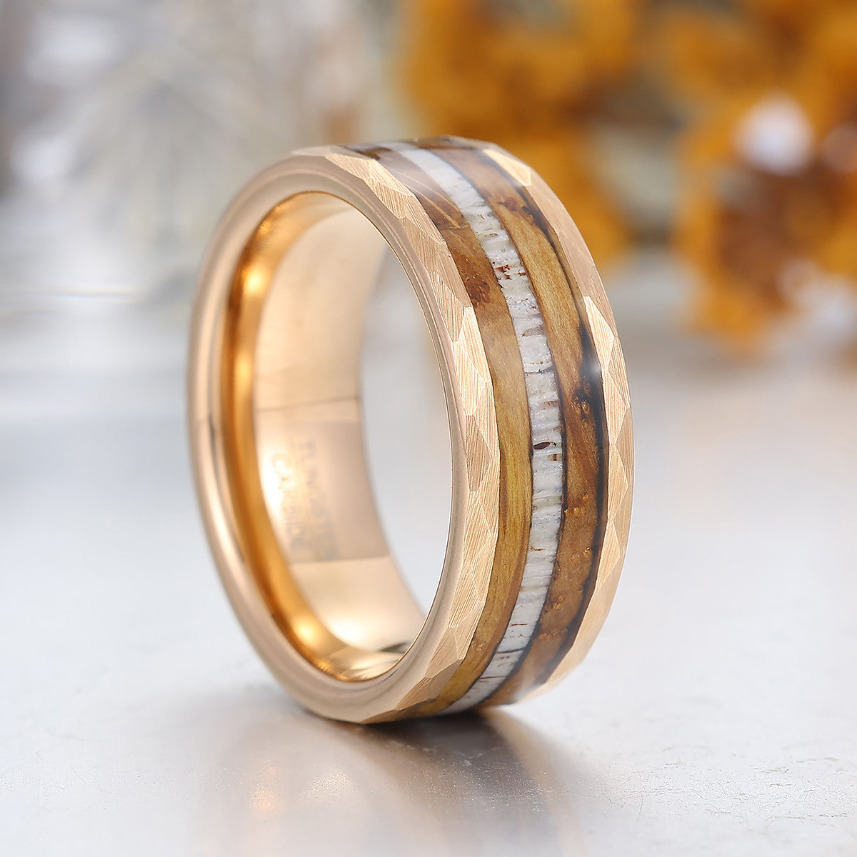 Tactile Wood Strips Tungsten Wedding Band Mens Wooden Promise Ring Hammered Rose Gold Ring