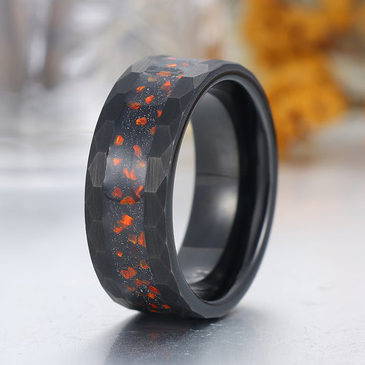 Red Fire Opal Blue Sandstone Inlay Tungsten Ring Black Men's Hammered Tungsten Ring