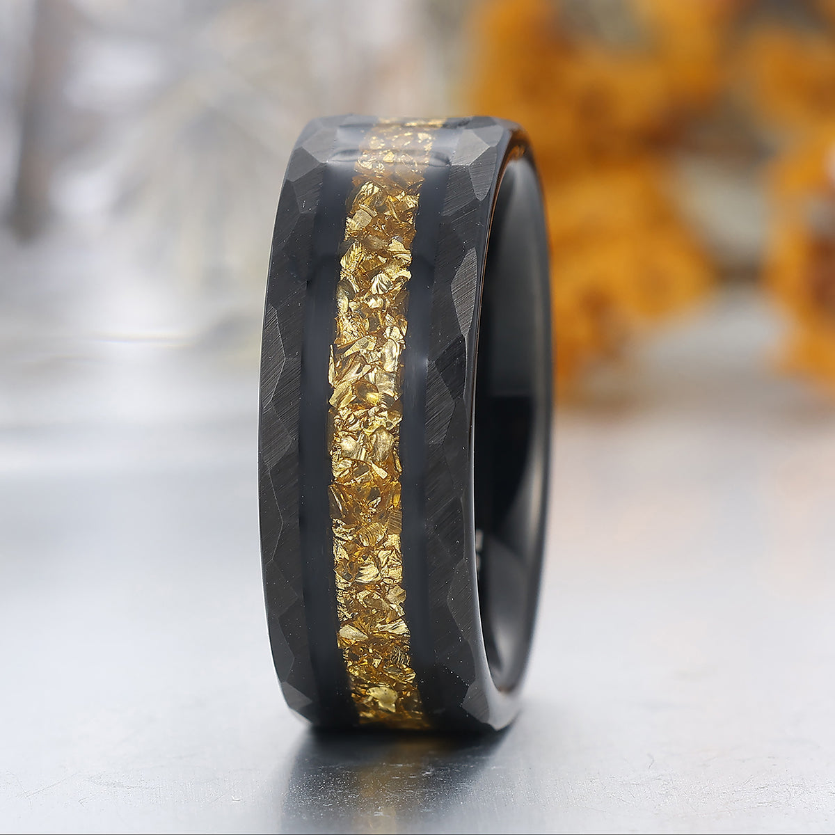 Yellow Citrine Inlaid Tungsten Carbide Wedding Band Black Hammered Mens Promise Ring