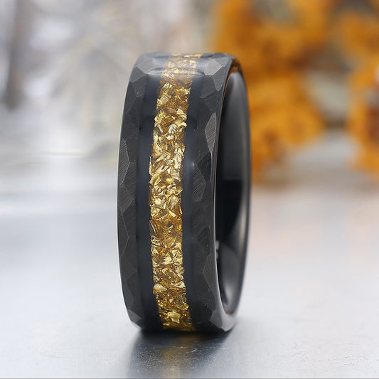 Yellow Citrine Inlaid Tungsten Carbide Wedding Band Black Hammered Mens Promise Ring