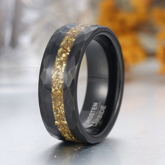 Yellow Citrine Inlaid Tungsten Carbide Wedding Band Black Hammered Mens Promise Ring
