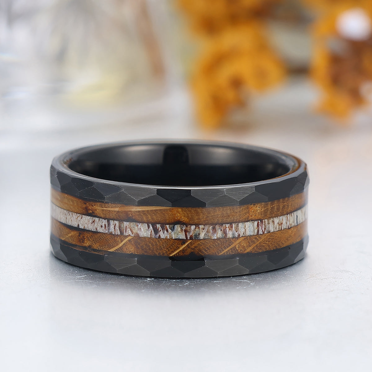 8mm Wood Strips Inlay Tungsten Ring Mens Wooden Wedding Band Hammered Black Ring