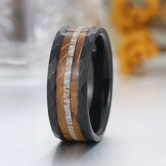 8mm Wood Strips Inlay Tungsten Ring Mens Wooden Wedding Band Hammered Black Ring