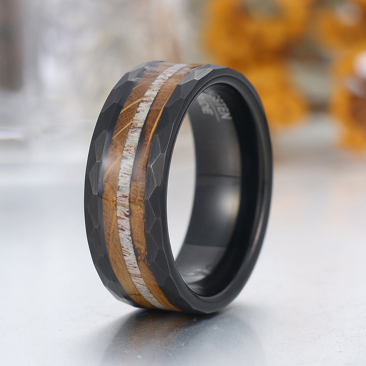8mm Wood Strips Inlay Tungsten Ring Mens Wooden Wedding Band Hammered Black Ring