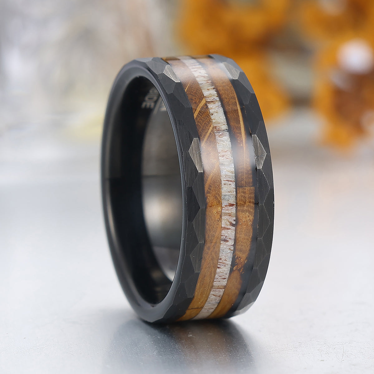 8mm Wood Strips Inlay Tungsten Ring Mens Wooden Wedding Band Hammered Black Ring