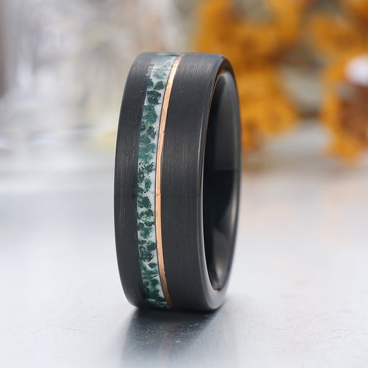8mm Wide Moss Agate Men' s Tungsten Ring Black Wire Drawed Unisex Tungsten Wedding Band