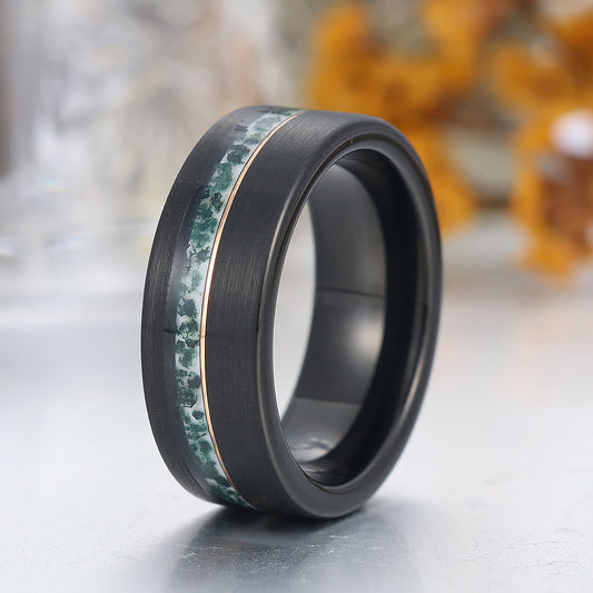 8mm Wide Moss Agate Men' s Tungsten Ring Black Wire Drawed Unisex Tungsten Wedding Band