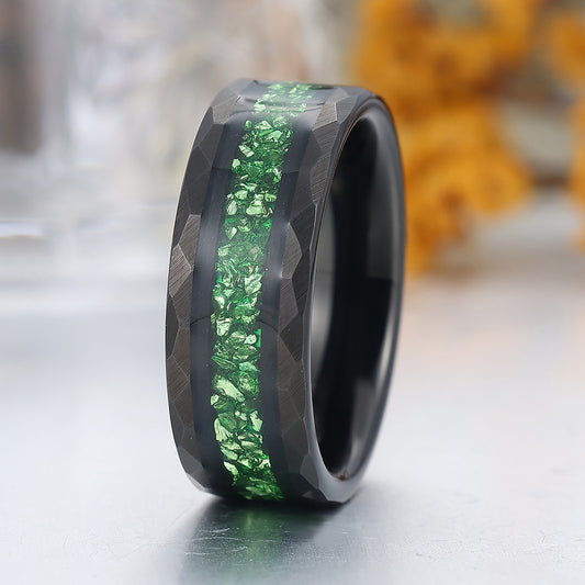 Hammered Emerald Mens Tungsten Band Green Gemstone And Black Tungsten Ring Anniversary Ring