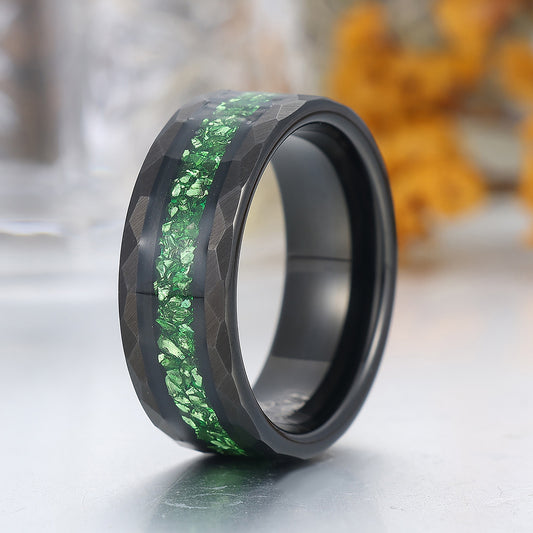 Hammered Emerald Mens Tungsten Band Green Gemstone And Black Tungsten Ring Anniversary Ring