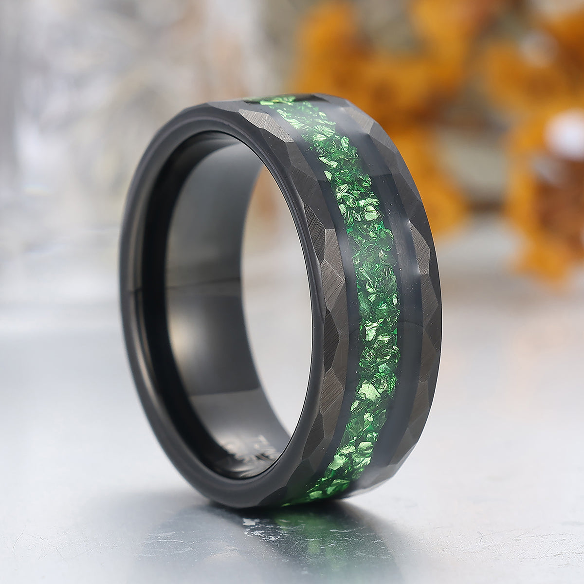 Hammered Emerald Mens Tungsten Band Green Gemstone And Black Tungsten Ring Anniversary Ring