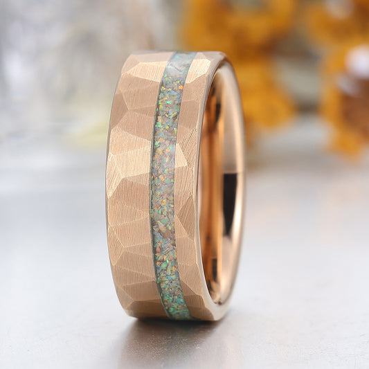 Pink White Opal Rose Gold Plated Tungsten Wedding Band Hammer Men' s Unisex Ring
