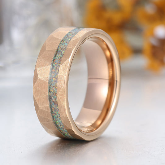 Pink White Opal Rose Gold Plated Tungsten Wedding Band Hammer Men' s Unisex Ring