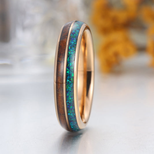 5mm Wooden Peacock Blue Opal Tungsten Band Polished Dome Rose Gold Tungsten Ring