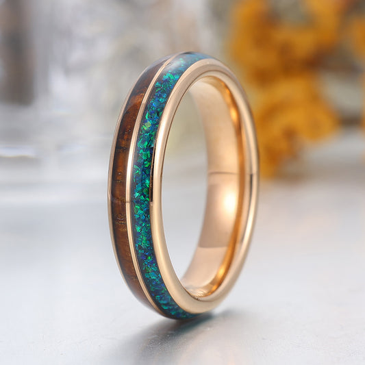 5mm Wooden Peacock Blue Opal Tungsten Band Polished Dome Rose Gold Tungsten Ring