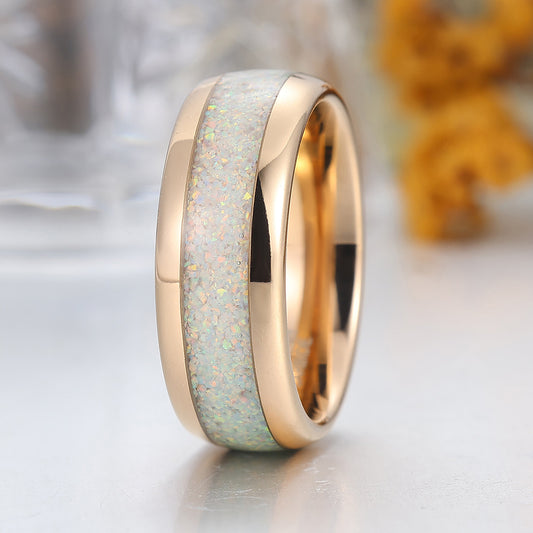 Snow White Opal Tungsten Ring Polished Dome Rose Gold Unisex Tungsten Ring