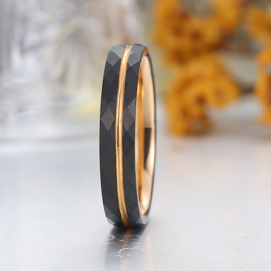 Minimalist Black Rhombus Lattice Grooves Tungsten Ring 4mm Rose Gold Tungsten Ring