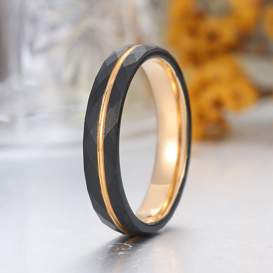Minimalist Black Rhombus Lattice Grooves Tungsten Ring 4mm Rose Gold Tungsten Ring