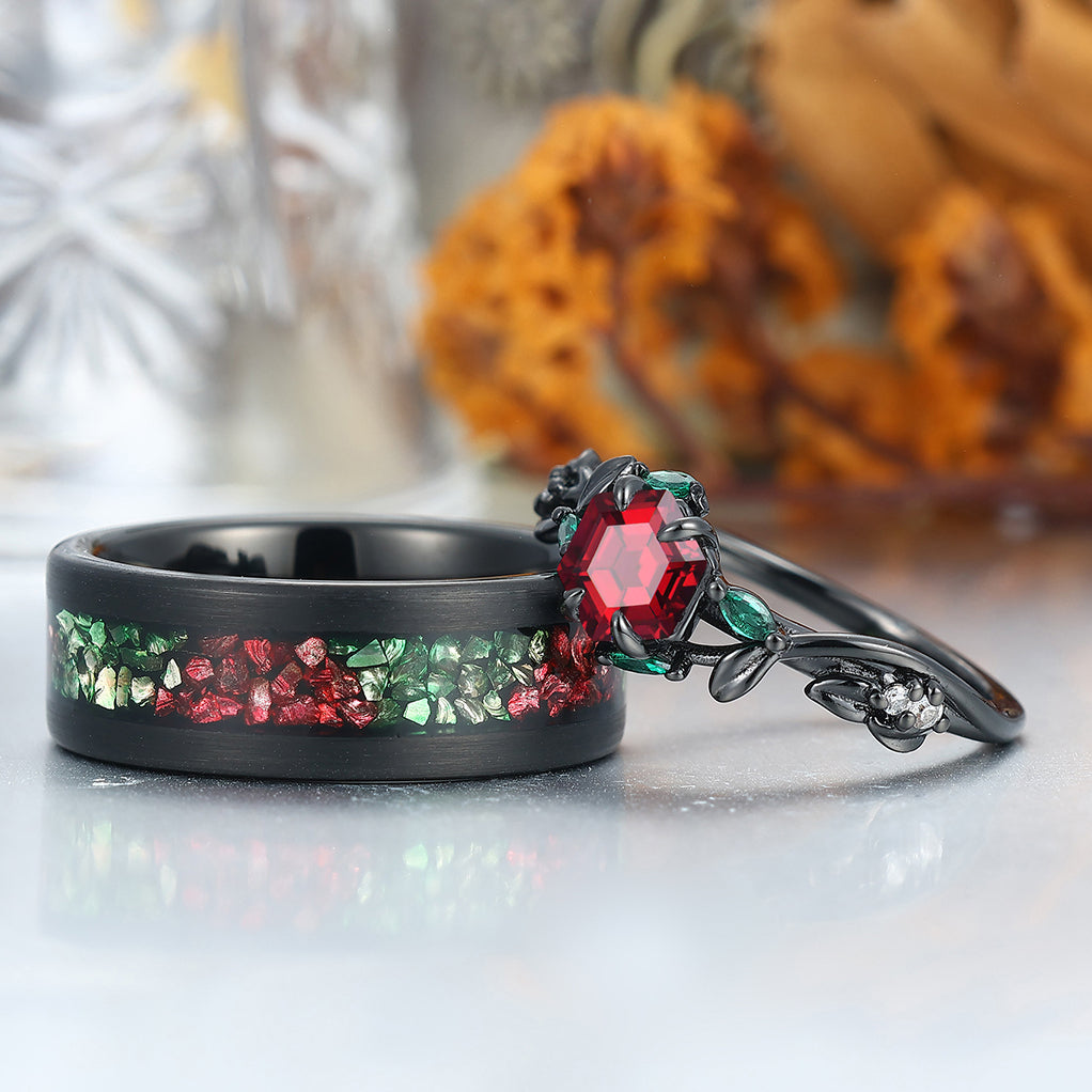 Red Garnet Sprigs Engagement Couple Rings Promise Green Tungsten Matching Wedding Rings