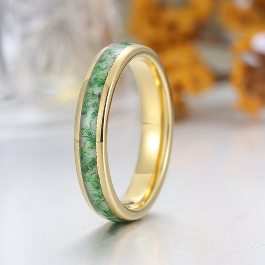 4mm Natural Moss Agate Tungsten Carbide Ring Green Gemstone And Yellow Gold Tungsten Band