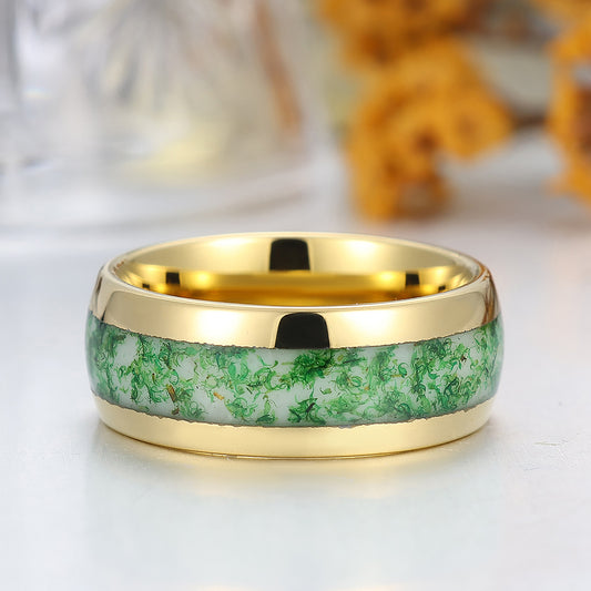 Crushed Moss Agate Tungsten Carbide Ring 8mm Green Gemstone And Yellow Gold Tungsten Band