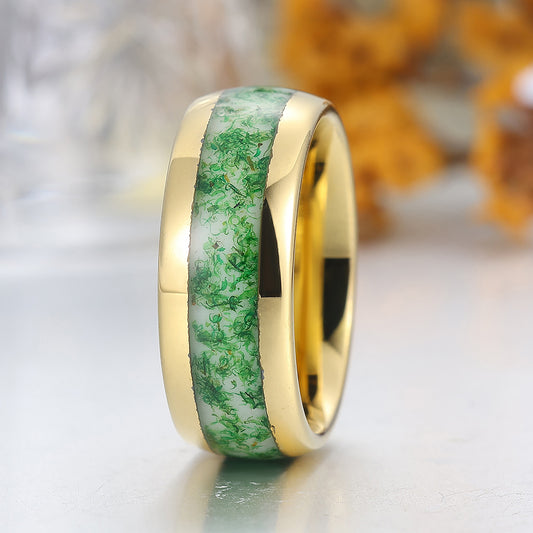 Crushed Moss Agate Tungsten Carbide Ring 8mm Green Gemstone And Yellow Gold Tungsten Band
