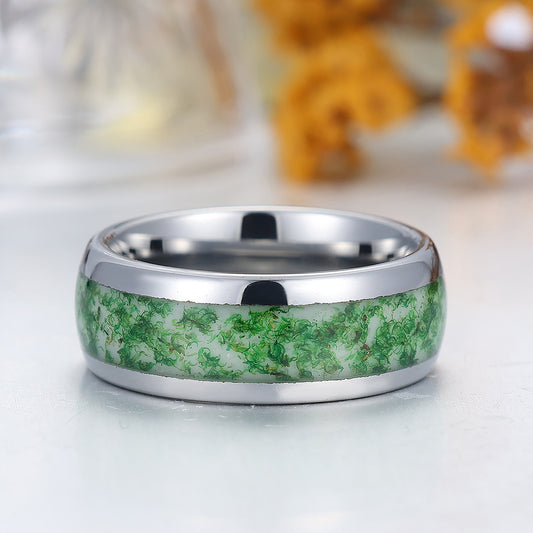 Green Moss Agate Inlaid Men's Tungsten Ring 8mm Wide Silver Plated Tungsten Band