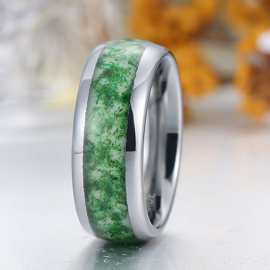 Green Moss Agate Inlaid Men's Tungsten Ring 8mm Wide Silver Plated Tungsten Band
