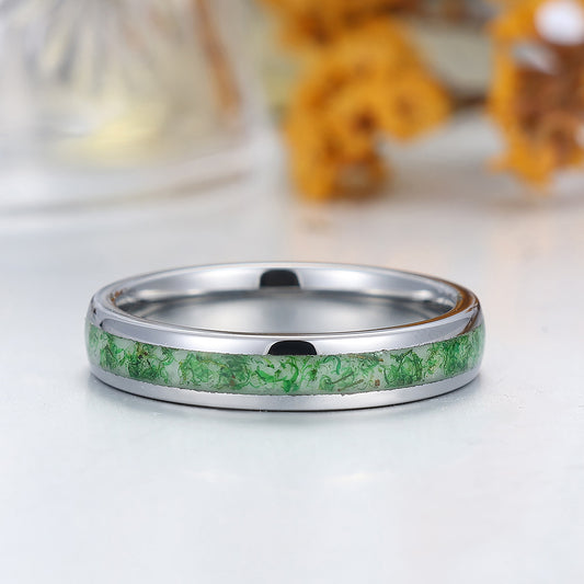 4mm Green Moss Agate Tungsten Unsex Ring Silver Plated Polished Dome Tungsten Band
