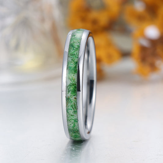 4mm Green Moss Agate Tungsten Unsex Ring Silver Plated Polished Dome Tungsten Band