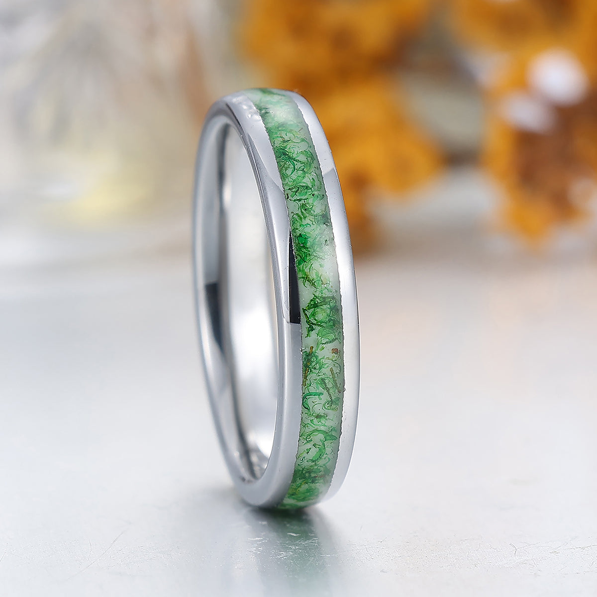 4mm Green Moss Agate Tungsten Unsex Ring Silver Plated Polished Dome Tungsten Band